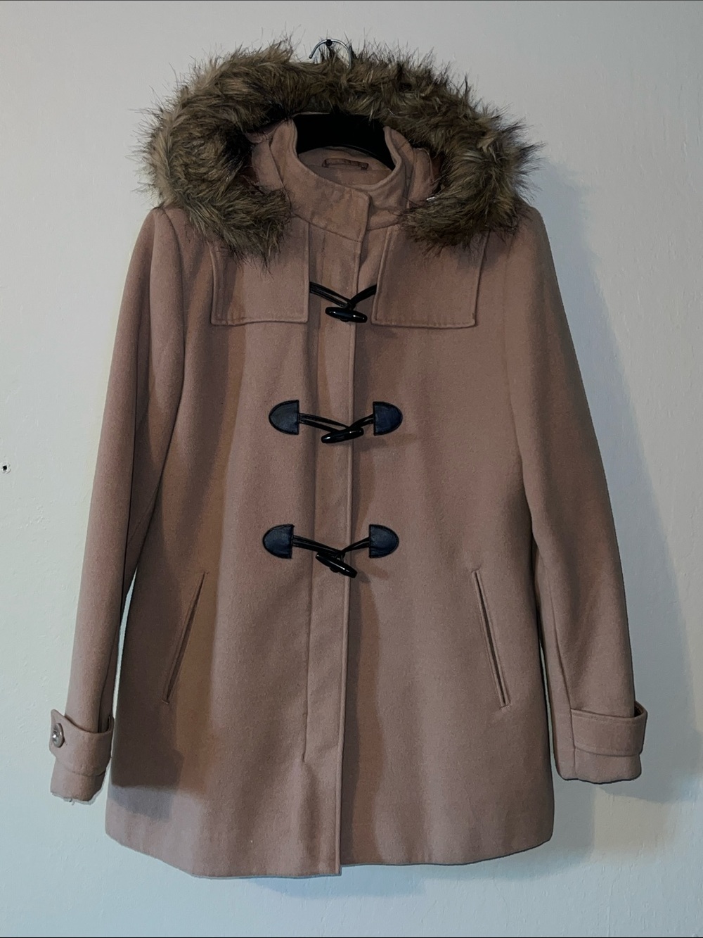 St. John's Bay Size Large Tan Hooded Toggle Pea Coat w/removable hood